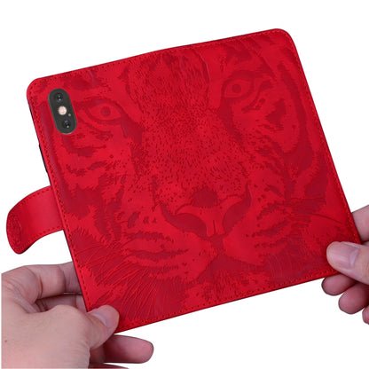 For iPhone 16e Tiger Embossing Pattern Leather Phone Case(Red) by bashfashion