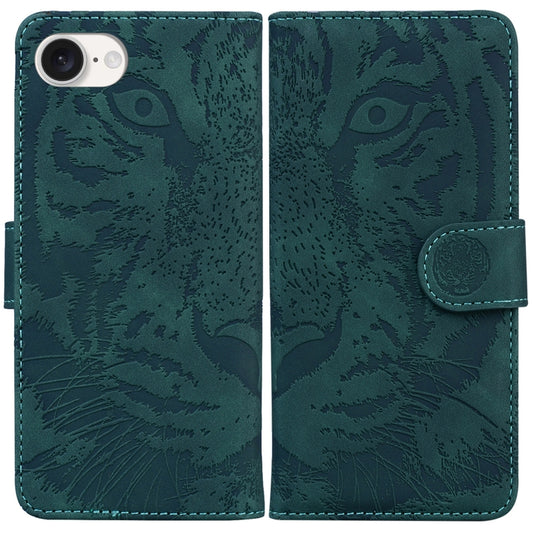 For iPhone 16e Tiger Embossing Pattern Leather Phone Case(Green) by bashfashion