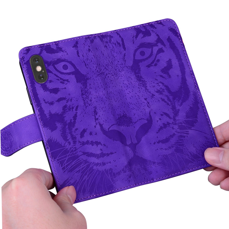 For iPhone 16e Tiger Embossing Pattern Leather Phone Case(Purple) by bashfashion