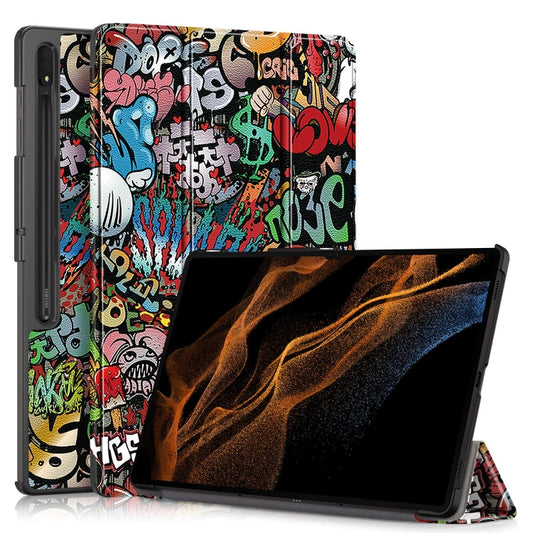 For Samsung Galaxy Tab S9 Ultra Custer Painted 3-Fold Holder Smart Leather Tablet Case(Graffiti) by bashfashion