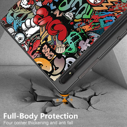 For Samsung Galaxy Tab S9 Ultra Custer Painted 3-Fold Holder Smart Leather Tablet Case(Graffiti) by bashfashion