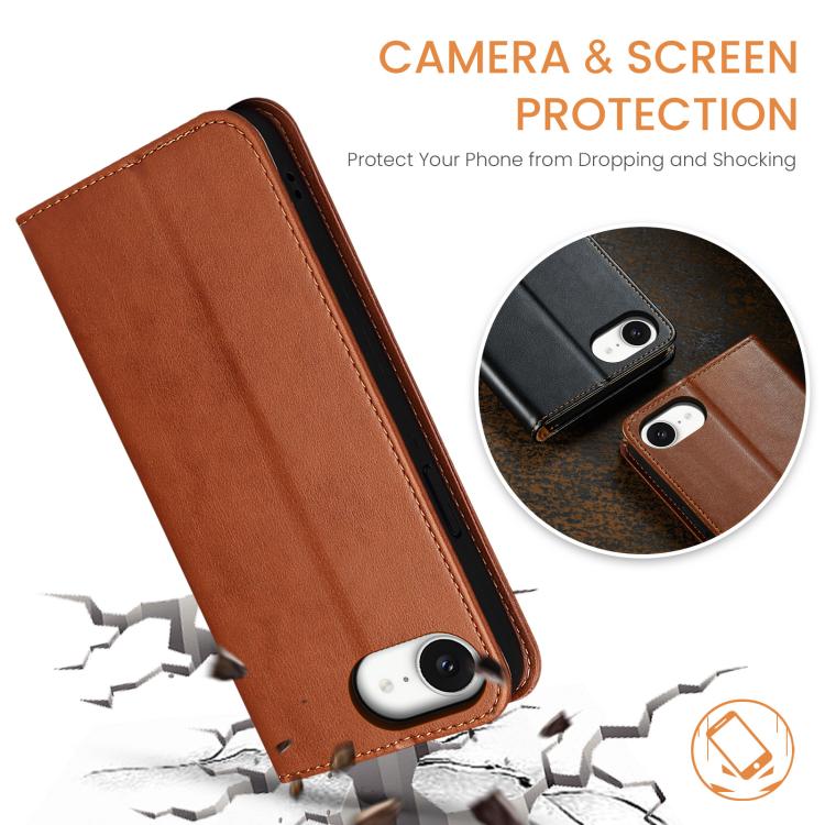 For iPhone 16e Fierre Shann PU Genuine Leather Texture Phone Case(Brown) by FIERRE SHANN