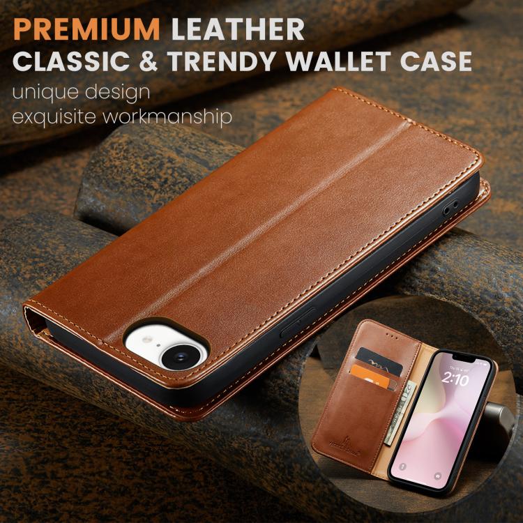 For iPhone 16e Fierre Shann PU Genuine Leather Texture Phone Case(Brown) by FIERRE SHANN