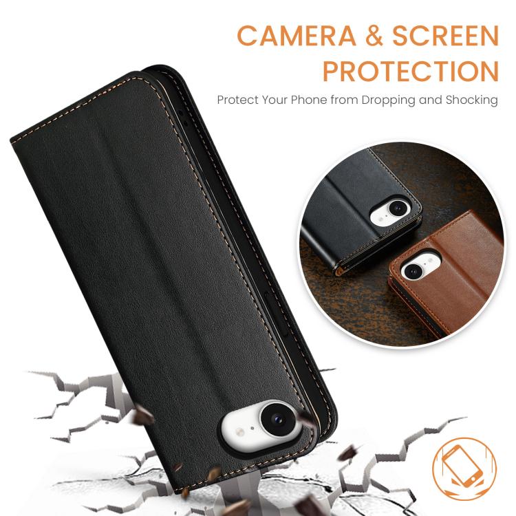 For iPhone 16e Fierre Shann PU Genuine Leather Texture Phone Case(Black) by FIERRE SHANN