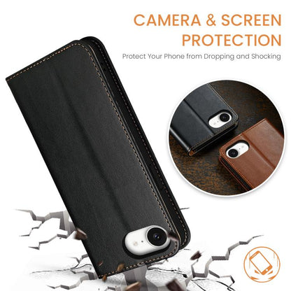 For iPhone 16e Fierre Shann PU Genuine Leather Texture Phone Case(Black) by FIERRE SHANN