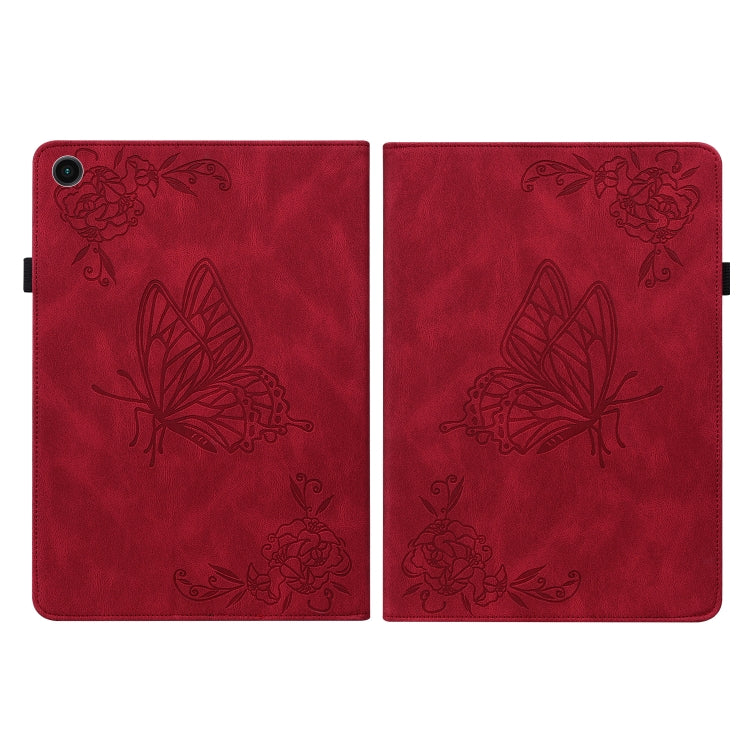 For Samsung Galaxy Tab A11 / А9 Butterfly Flower Embossed Leather Tablet Case(Red) by bashfashion