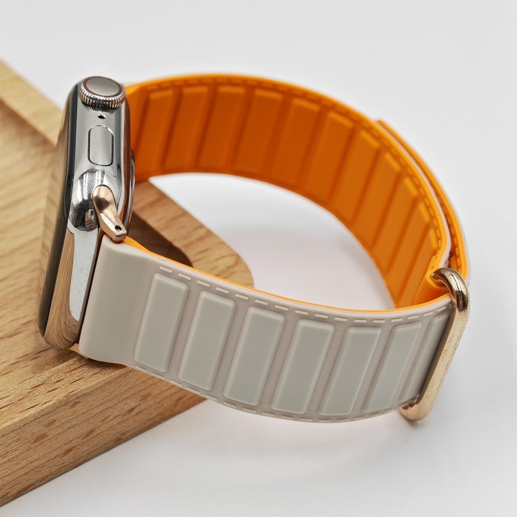 For Apple Watch Series 8 45mm Reverse Buckle Magnetic Silicone Watch Band(Rose Buckle Starlight Orange) by bashfashion