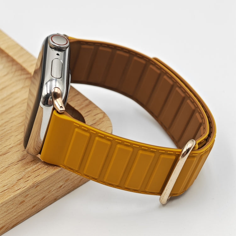 For Apple Watch SE 2022 44mm Reverse Buckle Magnetic Silicone Watch Band(Rose Buckle Poppy Brown) by bashfashion