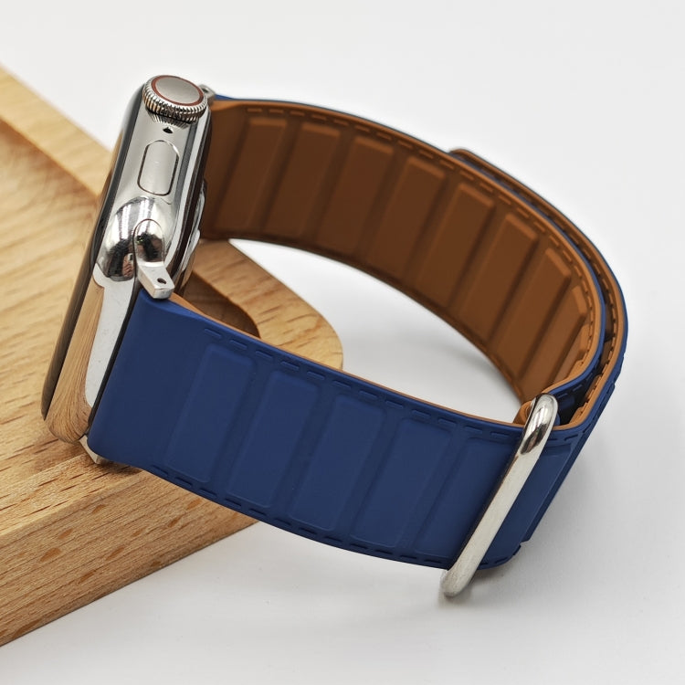 For Apple Watch SE 44mm Reverse Buckle Magnetic Silicone Watch Band(Silver Buckle Blue) by bashfashion