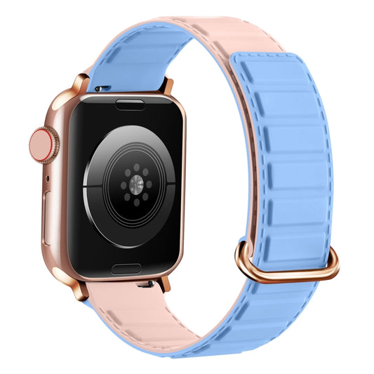 For Apple Watch 38mm Reverse Buckle Magnetic Silicone Watch Band(Rose Buckle Blue Pink) by bashfashion