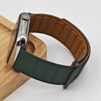 For Apple Watch SE 2023 44mm Reverse Buckle Magnetic Silicone Watch Band(Black Buckle Green Brown) by bashfashion