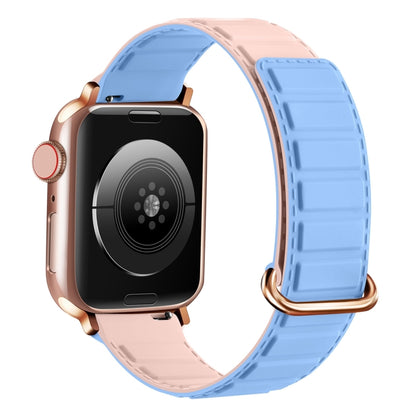 For Apple Watch SE 2023 44mm Reverse Buckle Magnetic Silicone Watch Band(Rose Buckle Blue Pink) by bashfashion