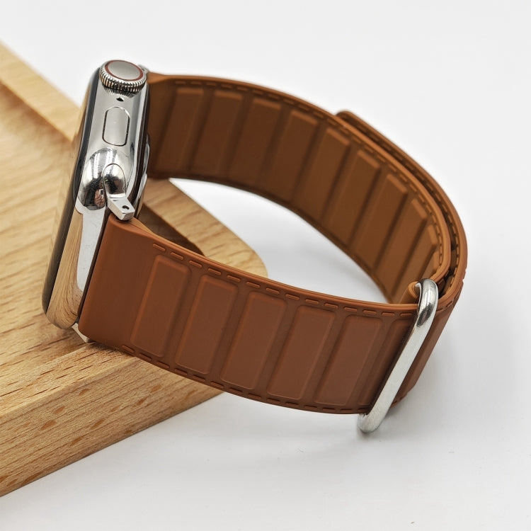 For Apple Watch Series 10 46mm Reverse Buckle Magnetic Silicone Watch Band(Silver Buckle Brown) by bashfashion