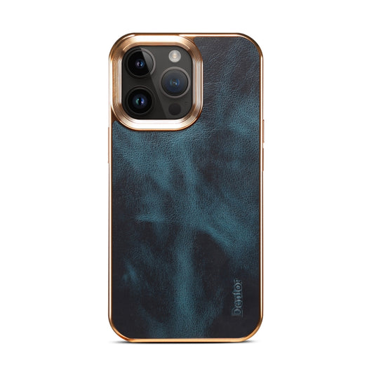 For iPhone 15 Pro Denior Oil Wax Cowhide Plating Phone Case(Blue) by Denior