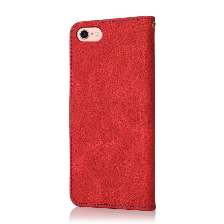 For iPhone 16e Dual-color Stitching Leather Phone Case(Red Blue) by bashfashion