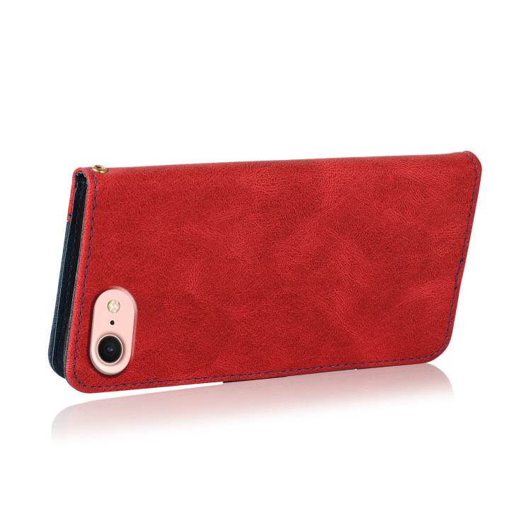For iPhone 16e Dual-color Stitching Leather Phone Case(Red Blue) by bashfashion