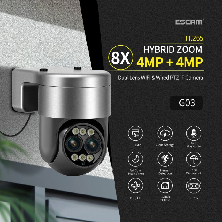 ESCAM G03 2x4MP Dual Lens Zoom 8X Dual Light Source WiFi Camera Support Two-way Voice & Motion Detection(EU Plug) by ESCAM