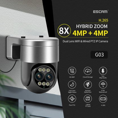 ESCAM G03 2x4MP Dual Lens Zoom 8X Dual Light Source WiFi Camera Support Two-way Voice & Motion Detection(US Plug) by ESCAM