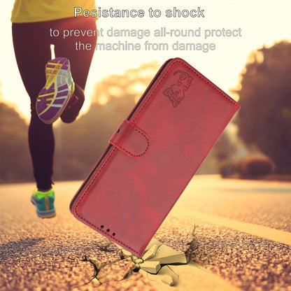 For iPhone 16e Embossed Happy Cat Pattern Flip Leather Phone Case(Red) by bashfashion