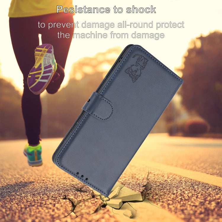 For iPhone 16e Embossed Happy Cat Pattern Flip Leather Phone Case(Blue) by bashfashion