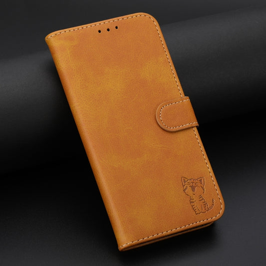 For iPhone 16e Embossed Happy Cat Pattern Flip Leather Phone Case(Yellow) by bashfashion