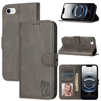 For iPhone 16e Embossed Happy Cat Pattern Flip Leather Phone Case(Grey) by bashfashion