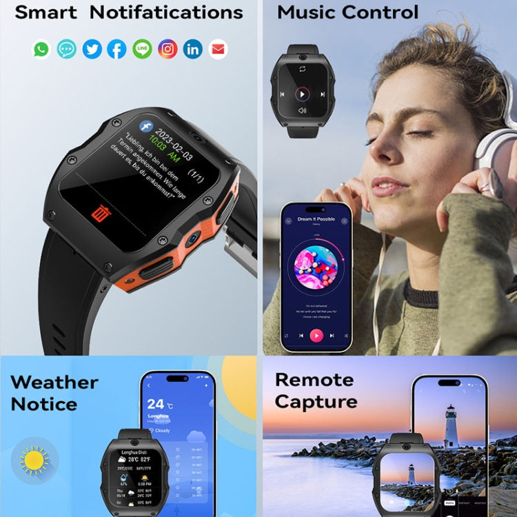Model X 1.99 inch IP68 Waterproof Android 9.0 4G Dual Cameras Matte Smart Watch, Specification:4GB+128GB(Black Orange) by bashfashion