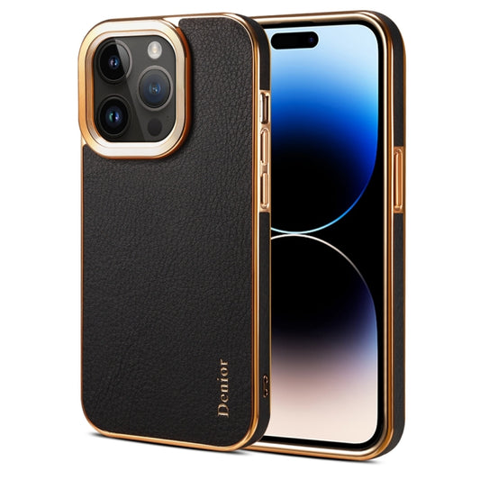 For iPhone 14 Pro Max Denior Cowhide Leather Plating Phone Case(Black) by Denior