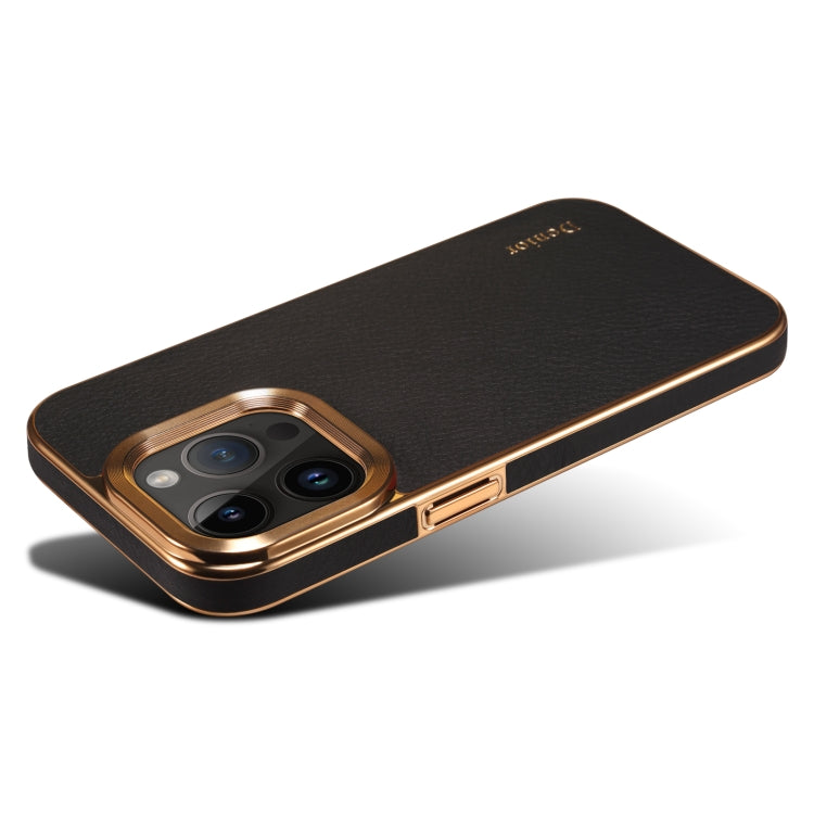 For iPhone 15 Pro Denior Cowhide Leather Plating Phone Case(Black) by Denior