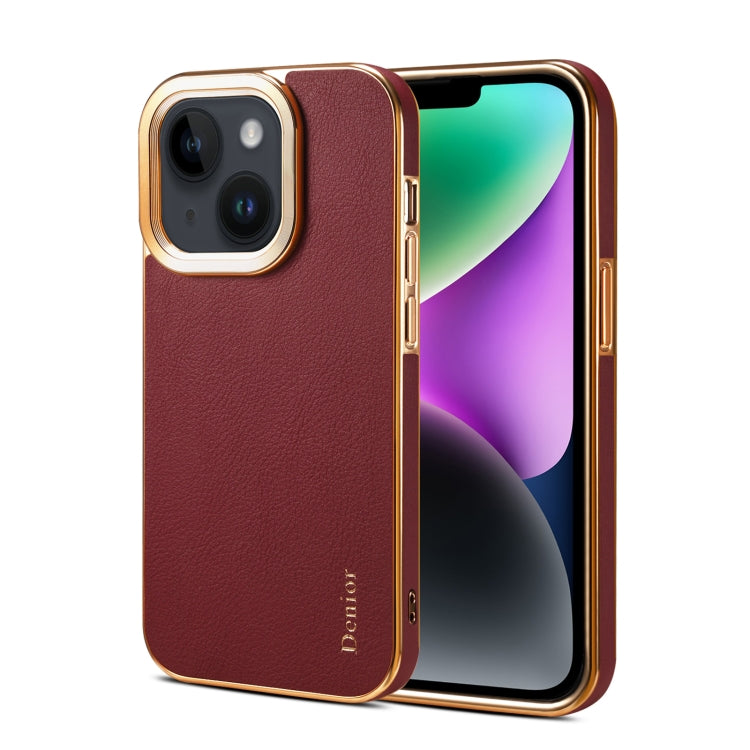 For iPhone 15 Denior Cowhide Leather Plating Phone Case(Red) by Denior