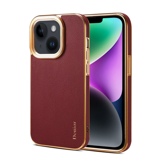 For iPhone 15 Denior Cowhide Leather Plating Phone Case(Red) by Denior