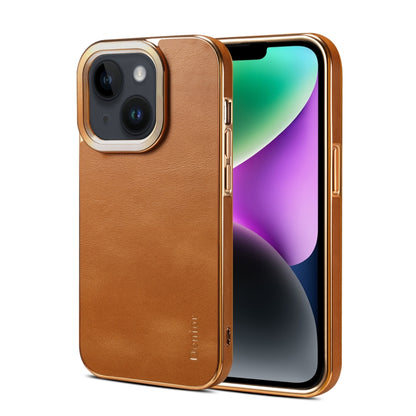 For iPhone 15 Denior Cowhide Leather Plating Phone Case(Khaki) by Denior