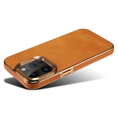 For iPhone 15 Denior Cowhide Leather Plating Phone Case(Khaki) by Denior