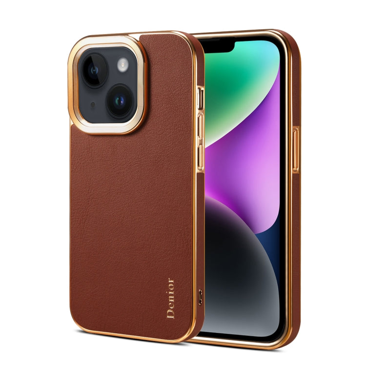 For iPhone 15 Denior Cowhide Leather Plating Phone Case(Brown) by Denior