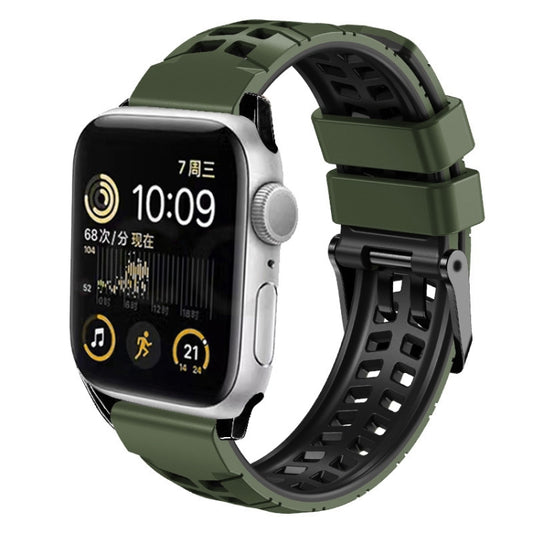 For Apple Watch SE 44mm Twill Dual-row Buckle Silicone Watch Band(Army Green Black) by bashfashion