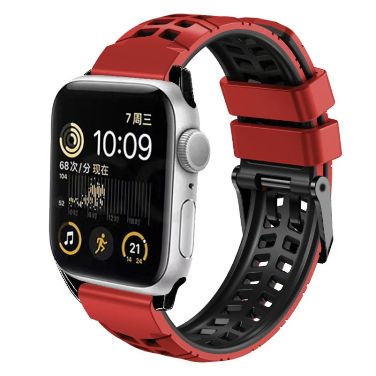 For Apple Watch SE 2023 44mm Twill Dual-row Buckle Silicone Watch Band(Red Black) by bashfashion