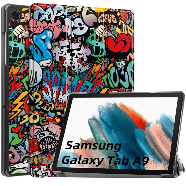 For Samsung Galaxy Tab A9 / Tab A11 Custer Painted 3-Fold Holder Smart Leather Tablet Case(Graffiti) by bashfashion