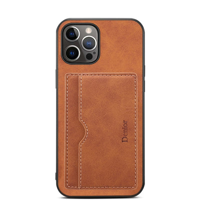 For iPhone 15 Pro Denior PU Single Card Slot Holder Phone Case(Brown) by Denior