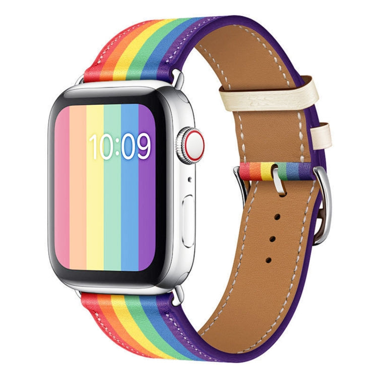 For Apple Watch Series 7 45mm / 6 & SE & 5 & 4 44mm / 3 & 2 & 1 42mm Rainbow Leather Watch Band(White) by bashfashion