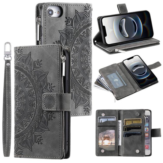 For iPhone 16e Multi-Card Totem Zipper Leather Phone Case(Grey) by bashfashion