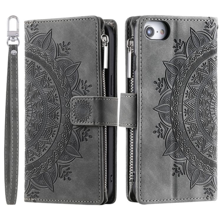 For iPhone 16e Multi-Card Totem Zipper Leather Phone Case(Grey) by bashfashion