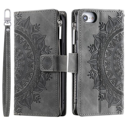 For iPhone 16e Multi-Card Totem Zipper Leather Phone Case(Grey) by bashfashion