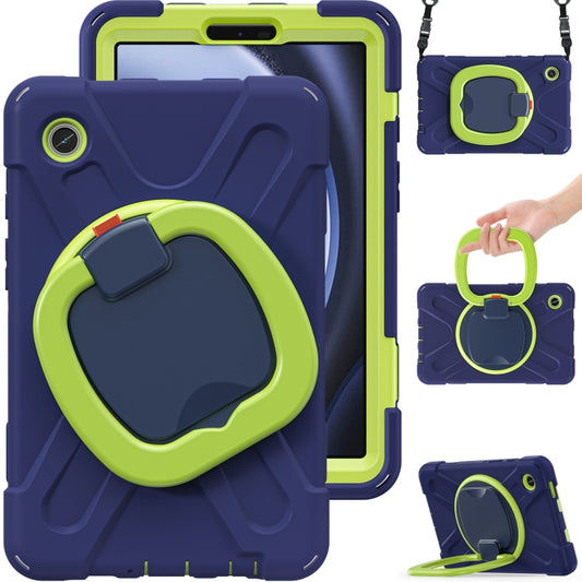 For Samsung Galaxy Tab A9 / Tab A11 Silicone Hybrid PC Tablet Case with Holder & Shoulder Strap(Navy Blue Olivine) by bashfashion