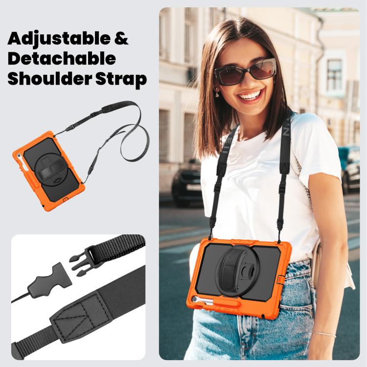 For Samsung Galaxy Tab S10 FE+ Lucky Wheel Grip Silicone Hybrid PC Tablet Case with Shoulder Strap(Orange+Black) by bashfashion