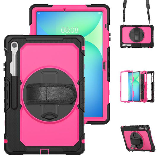 For Samsung Galaxy Tab S10 FE+ Lucky Wheel Grip Silicone Hybrid PC Tablet Case with Shoulder Strap(Rose Red+Black) by bashfashion