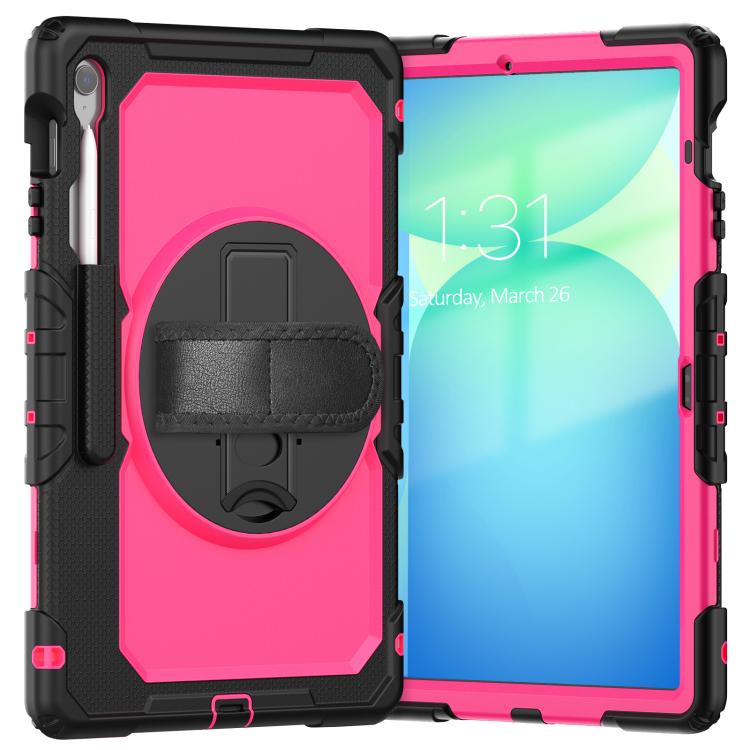For Samsung Galaxy Tab S10 FE+ Lucky Wheel Grip Silicone Hybrid PC Tablet Case with Shoulder Strap(Rose Red+Black) by bashfashion