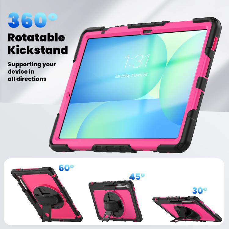 For Samsung Galaxy Tab S10 FE+ Lucky Wheel Grip Silicone Hybrid PC Tablet Case with Shoulder Strap(Rose Red+Black) by bashfashion
