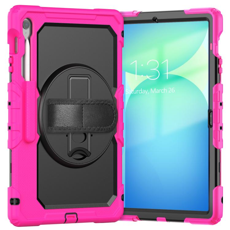 For Samsung Galaxy Tab S10 FE+ Lucky Wheel Grip Silicone Hybrid PC Tablet Case with Shoulder Strap(Black+Rose Red) by bashfashion