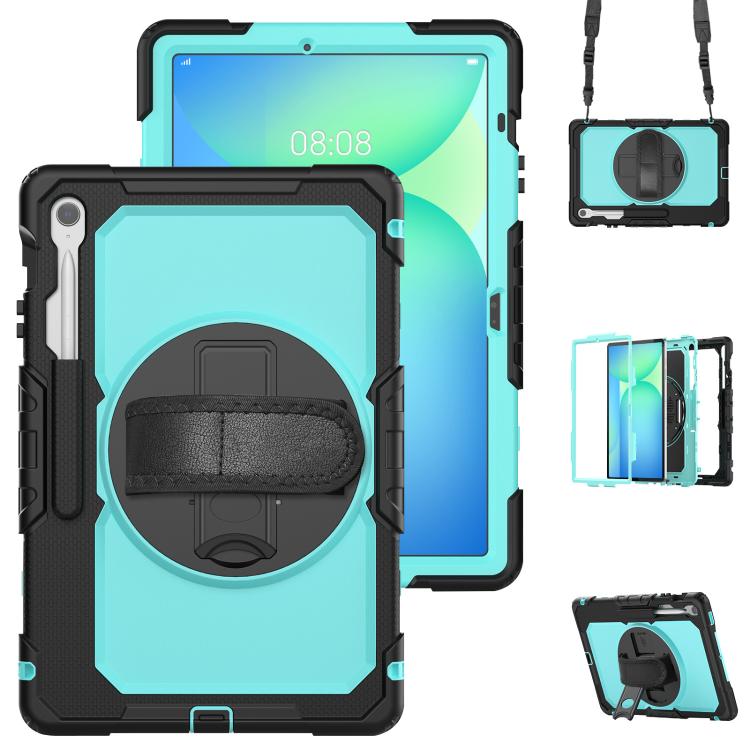 For Samsung Galaxy Tab S10 FE+ Lucky Wheel Grip Silicone Hybrid PC Tablet Case with Shoulder Strap(Light Blue+Black) by bashfashion