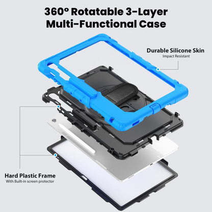 For Samsung Galaxy Tab S10 FE+ Lucky Wheel Grip Silicone Hybrid PC Tablet Case with Shoulder Strap(Black+Light Blue) by bashfashion